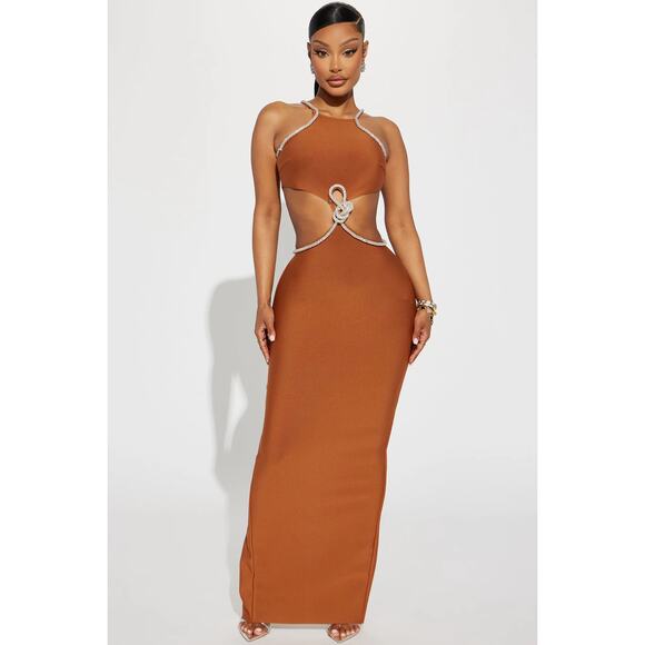 Fashion Nova Dresses & Skirts - Fashion Nova Luxe NWT Knotty Embellished Bodycon Maxi Dress Cognac Brown Size L